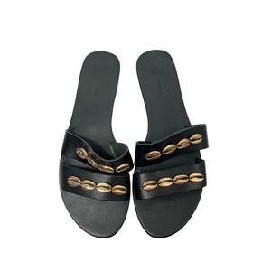 SALT + UMBER Cowrie gold Shell Leather slide Sandals Size 8 black chic boho